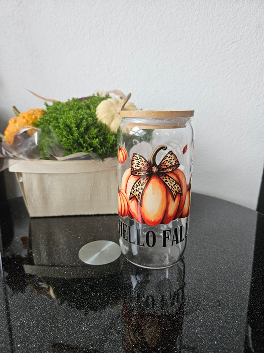 Trinkglas im Herbstdesign mit großem Kürbis - 470ml